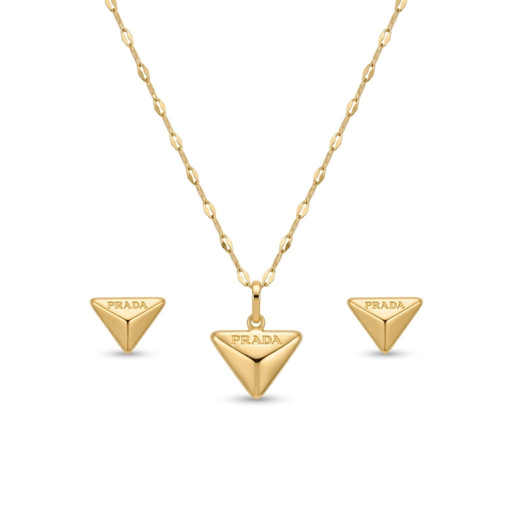 18K Real Gold Triangle Necklace And Earring Set - Festive Collection - Embellish Gold Jewelry & Diamond