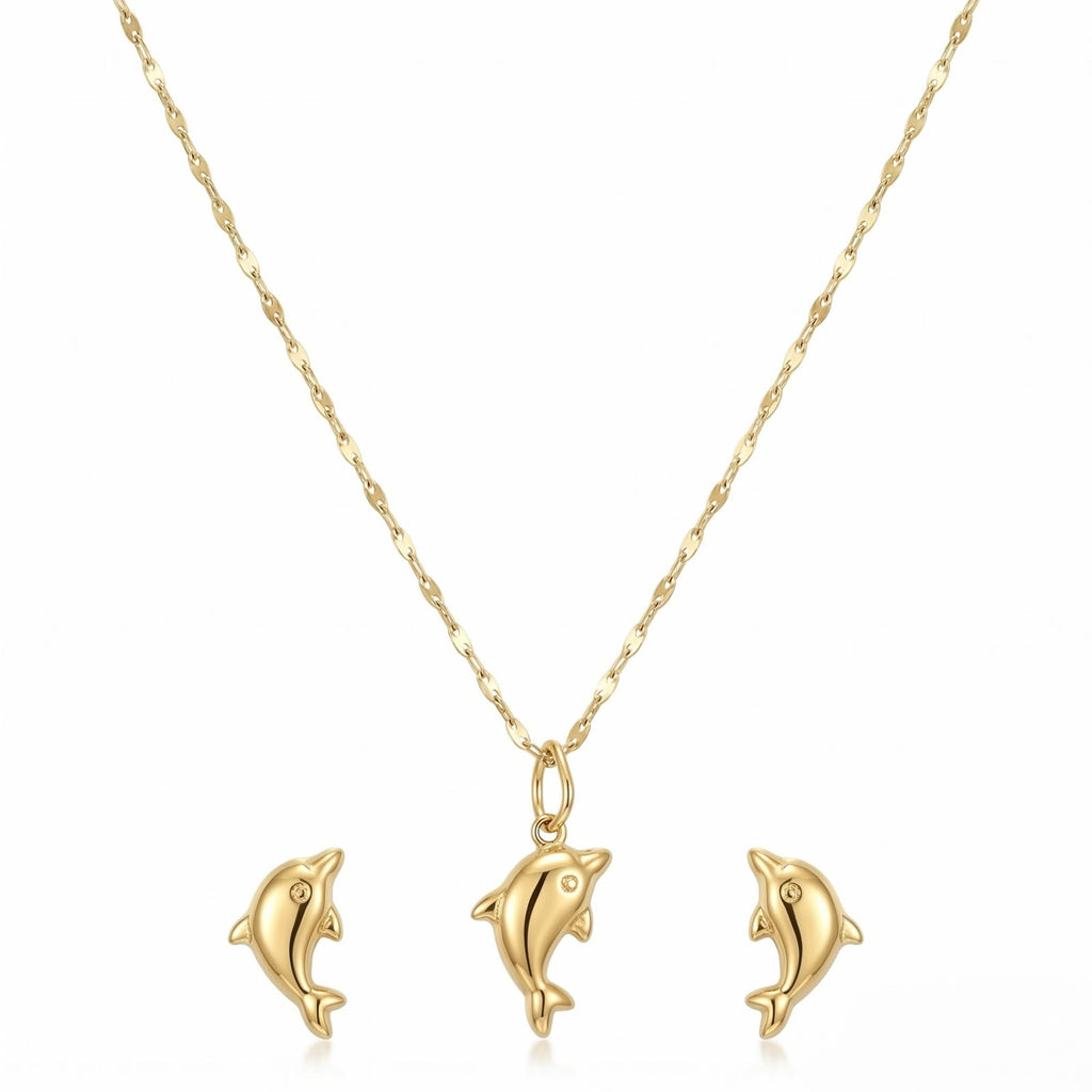18K Real Gold Dolphine Necklace And Earring Set - Gold Jewellery - Embellish Gold