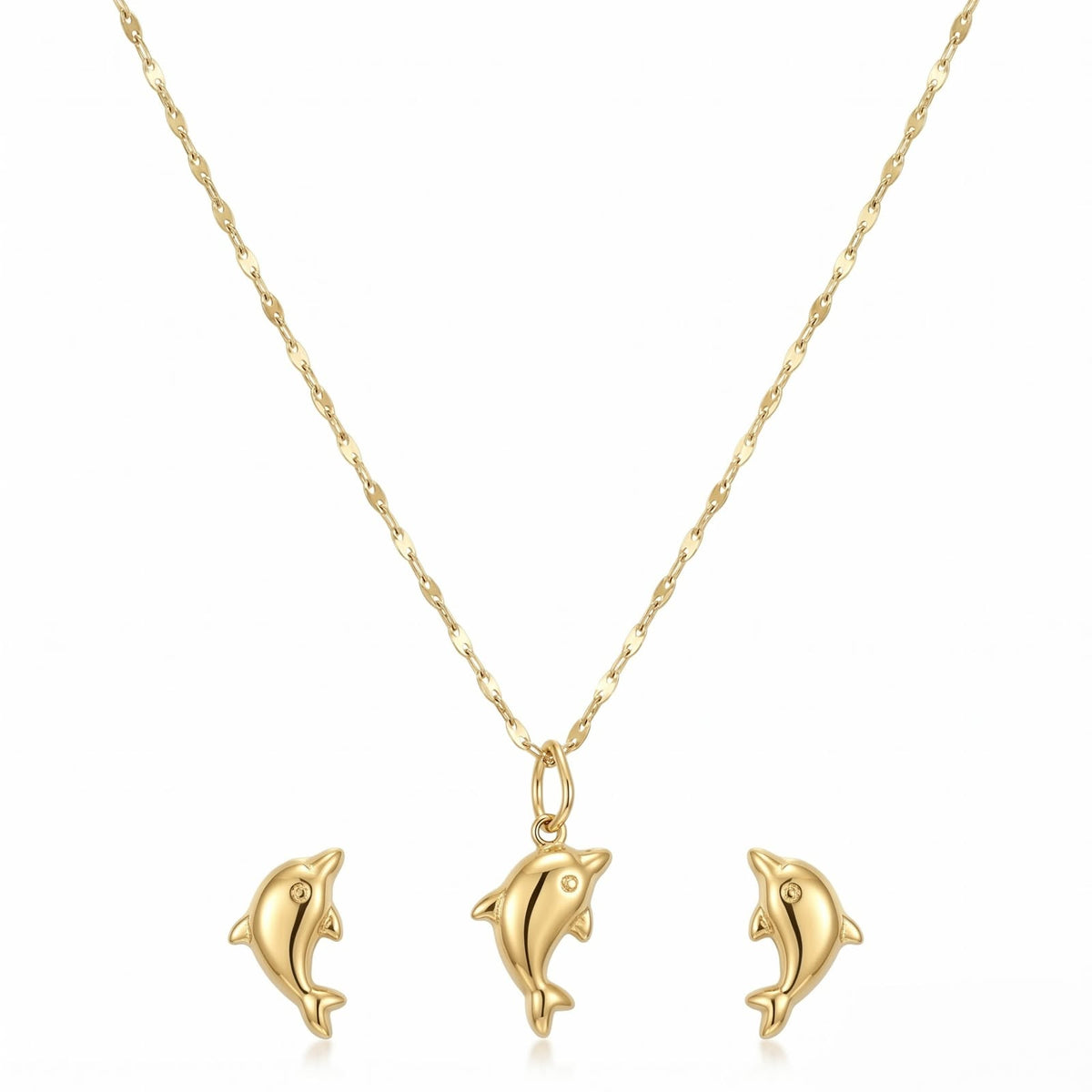 18K Real Gold Dolphine Necklace And Earring Set - Gold Jewellery - Embellish Gold