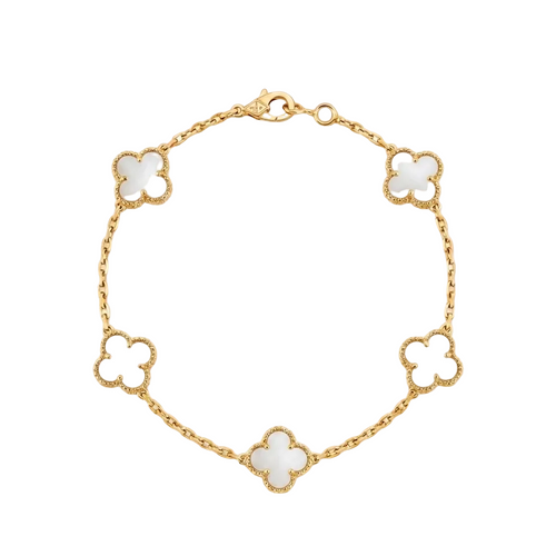 Gold bracelet with white clover-shaped charms on a white background