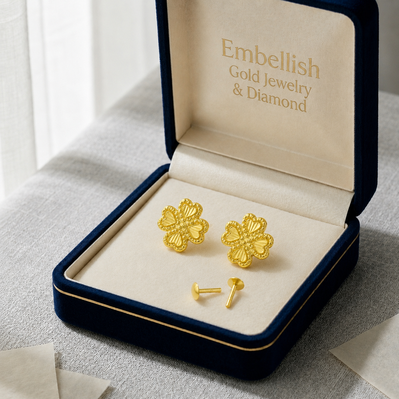 18K Real Gold Four Petals Earrings - 18k Gold Earrings - Embellish Gold