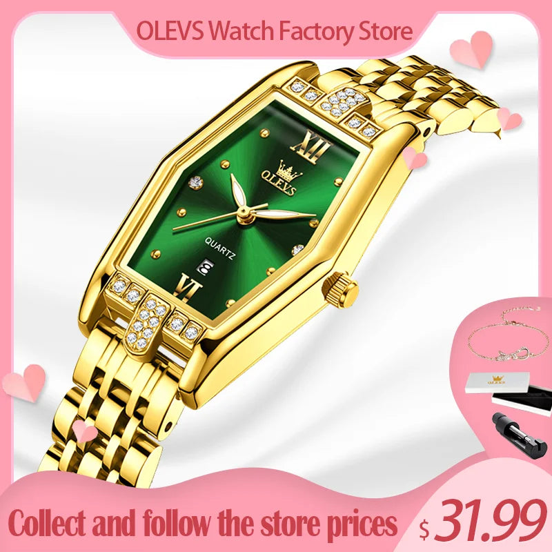 OLEVS 3699 Luxury Fashion Gold Stainless Steel Tonneau Quartz Ladies' Watches - Olevs - Embellish Gold Jewelry & Diamond