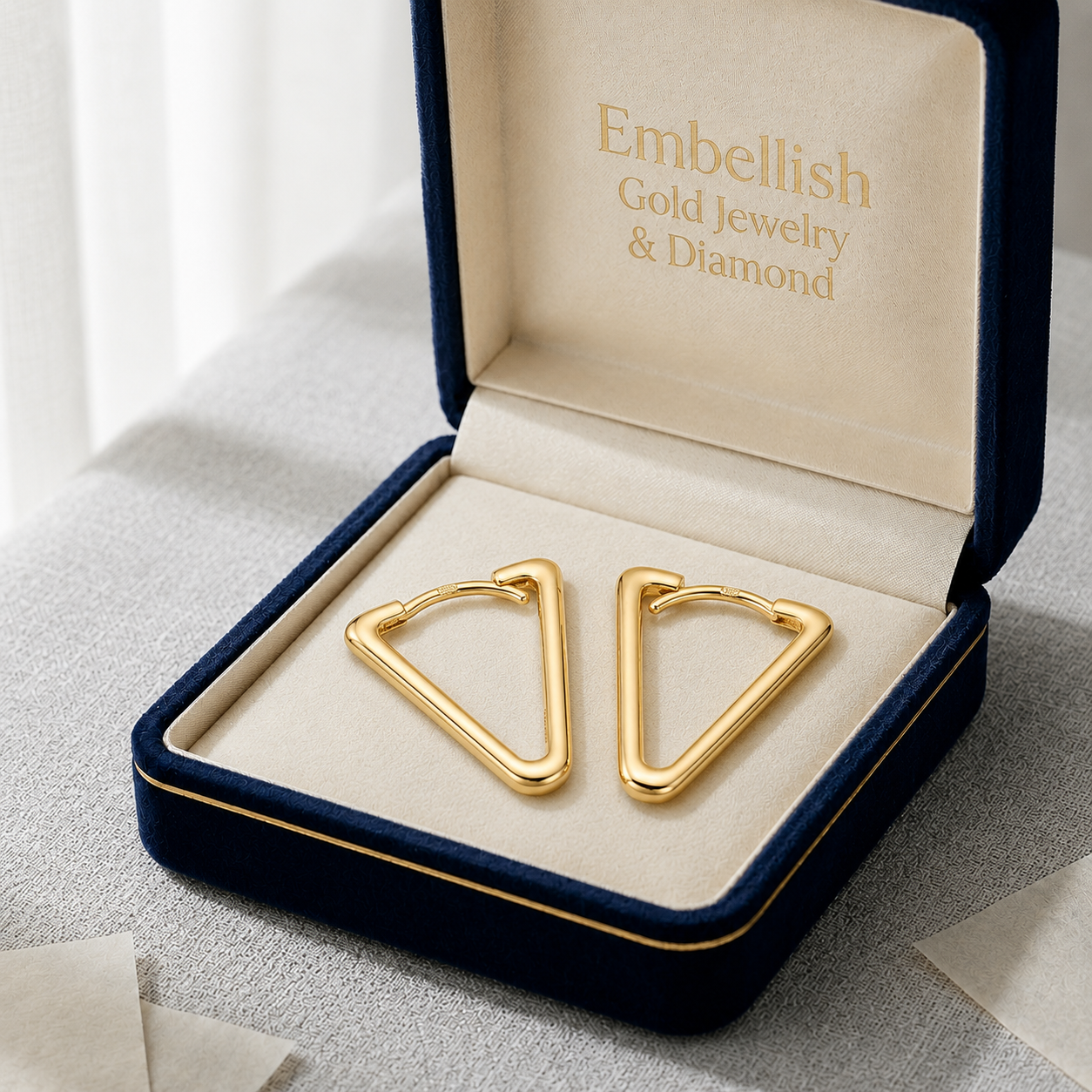 18k Gold Triangle Loop Earrings - 18k Gold Earrings - Embellish Gold Jewelry & Diamond