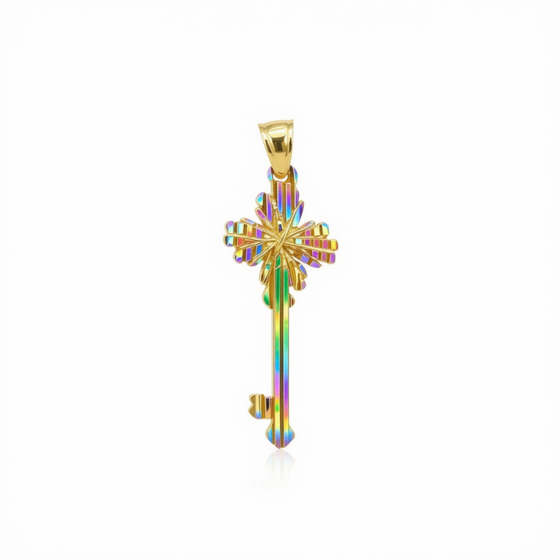 18k Gold Flower Line Key Pendant - 18k Gold Pendant - Embellish Gold Jewelry & Diamond