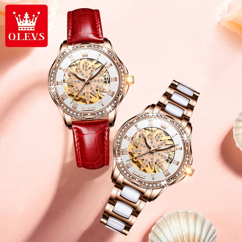 OLEVS 6681 Automatic Watch for Women - Festive Collection - Embellish Gold Jewelry & Diamond