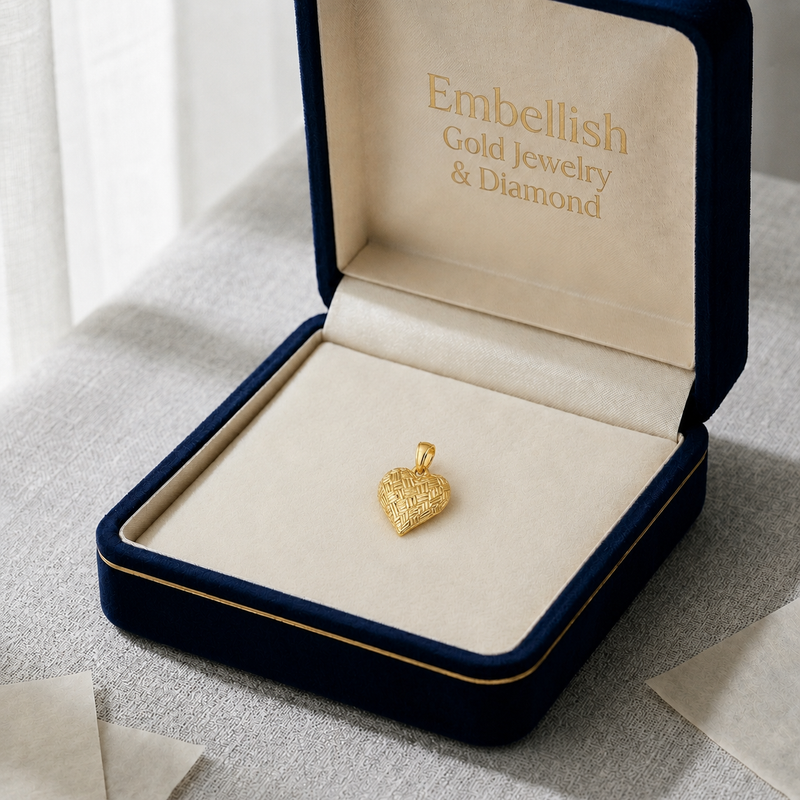 18k Gold Texture Heart Pendant - 18k Gold Pendant - Embellish Gold Jewelry & Diamond