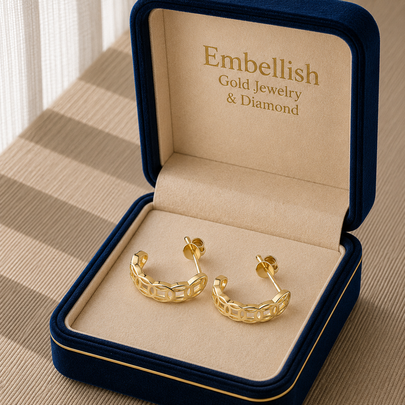 18k Gold Money Catcher Stud Earrings - 18k Gold Earrings - Embellish Gold Jewelry & Diamond