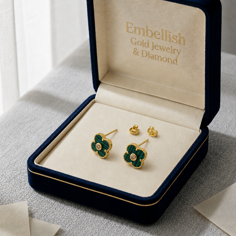18K Real Gold VCA Green Stone Earrings - 18k Gold Earrings - Embellish Gold