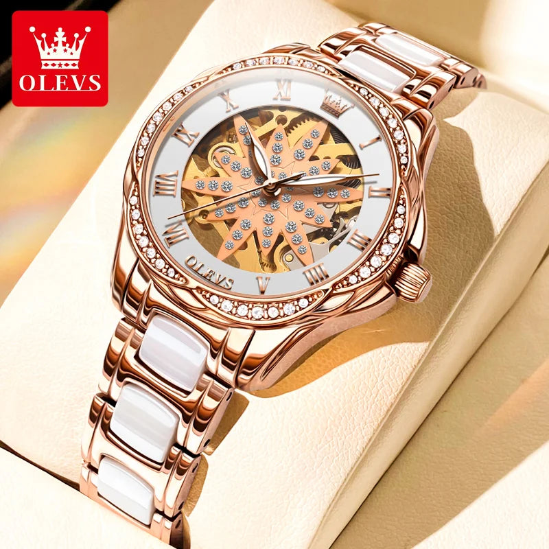 OLEVS 6681 Automatic Watch for Women - Festive Collection - Embellish Gold Jewelry & Diamond