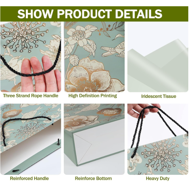 Product details including a three-strand rope handle, high-definition printing, iridescent tissue, reinforced handle, reinforce bottom, and heavy duty construction.