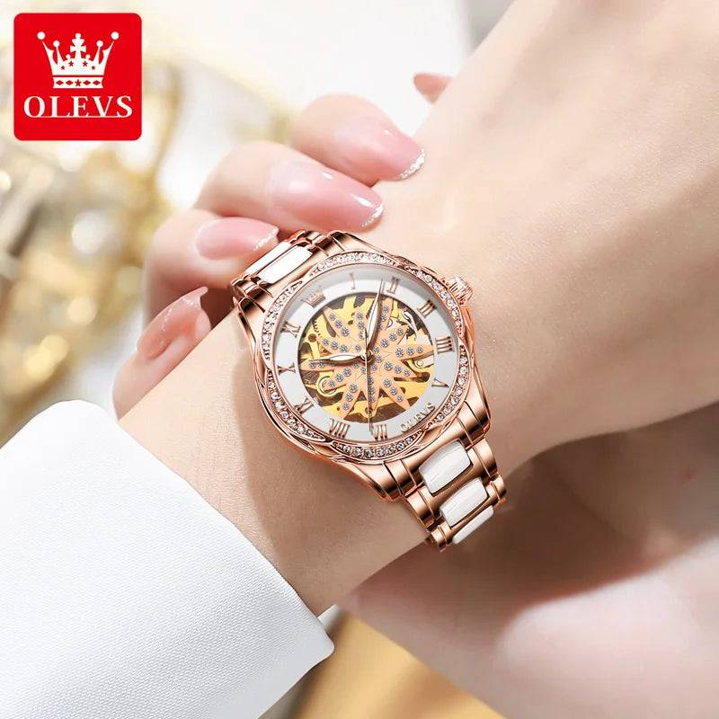 OLEVS 6681 Automatic Watch for Women - Festive Collection - Embellish Gold Jewelry & Diamond