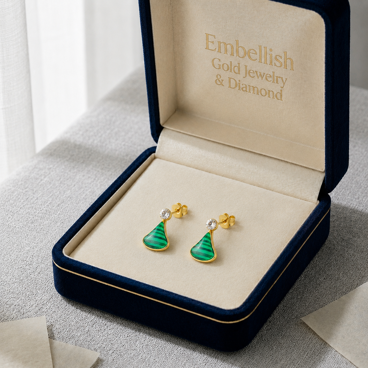 18K Gold Green Tear Drop Earrings - 18k Gold Earrings - Embellish Gold