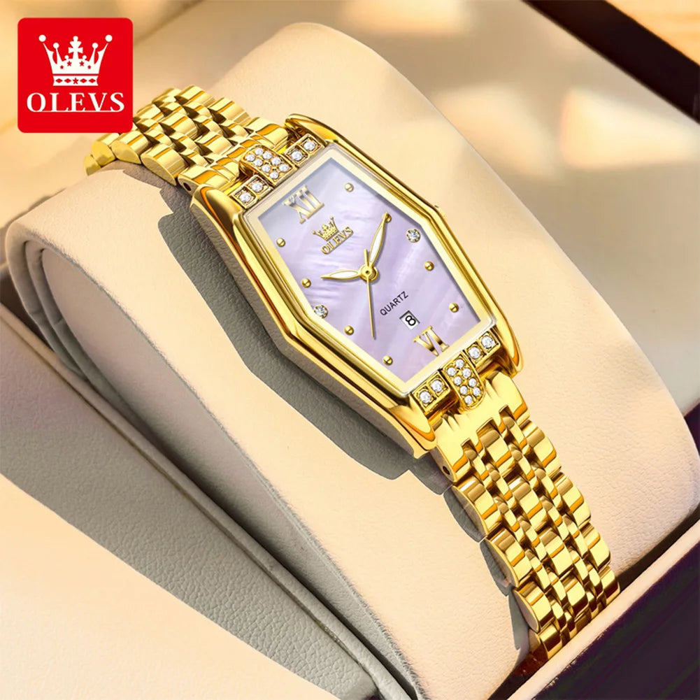 OLEVS 3699 Luxury Fashion Gold Stainless Steel Tonneau Quartz Ladies' Watches