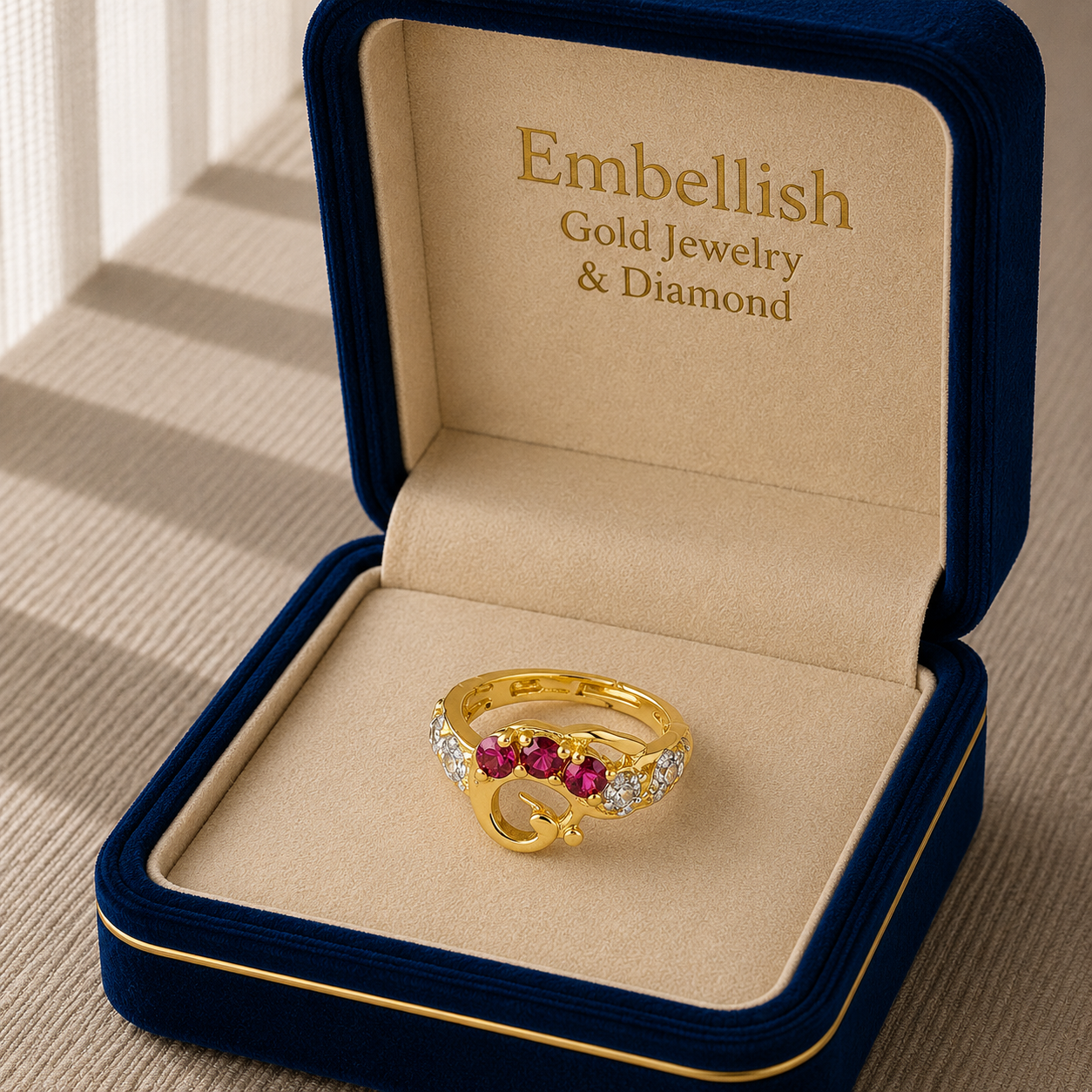 Gold ring with red gemstones in a 'Embellish Gold Jewelry & Diamond' box.
