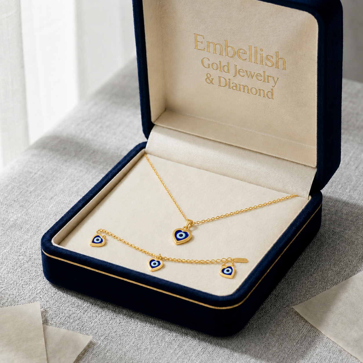 قلادة وسوار بتصميم قلب عين الشر من الذهب الحقيقي عيار 18 قيراط - Best Seller - Embellish Gold