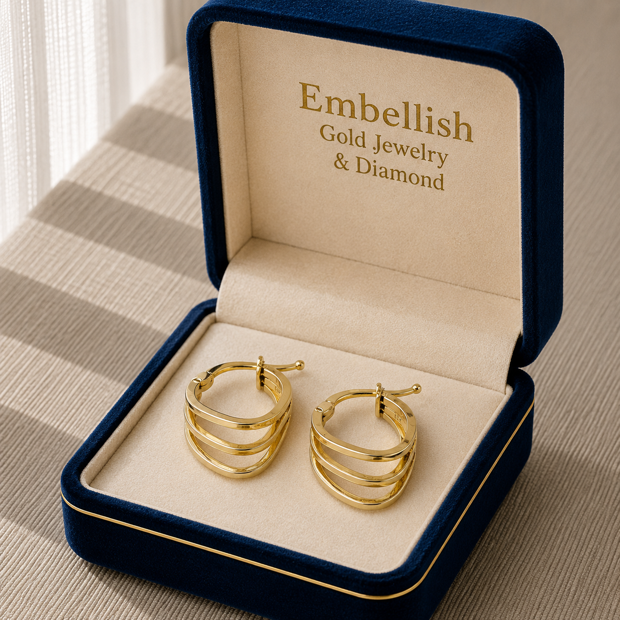 18k Gold 2 Tone 3 Lines Loop Earrings - 18k Gold Earrings - Embellish Gold Jewelry & Diamond
