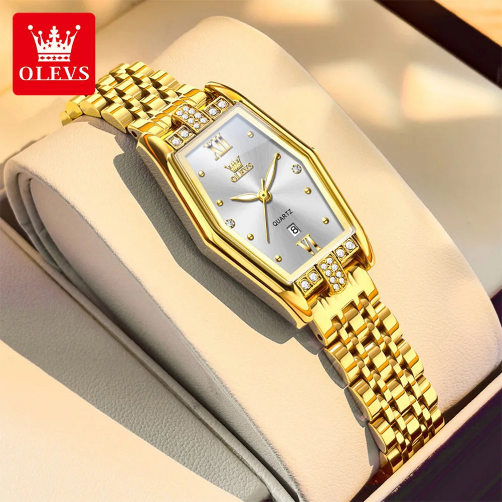 OLEVS 3699 Luxury Fashion Gold Stainless Steel Tonneau Quartz Ladies' Watches - Olevs - Embellish Gold Jewelry & Diamond
