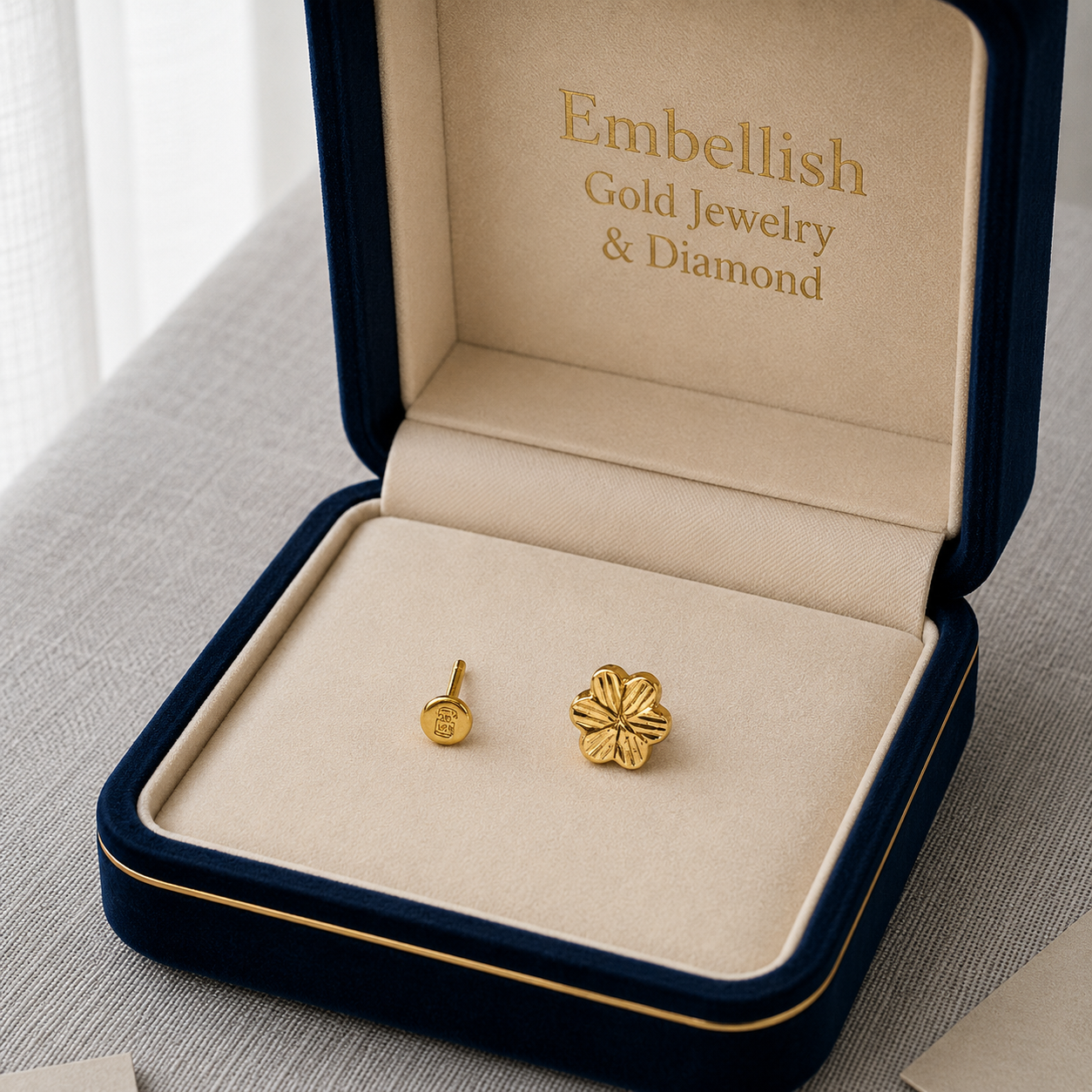 Gold earrings in a 'Embellish Gold Jewelry & Diamond' box on a gray surface.