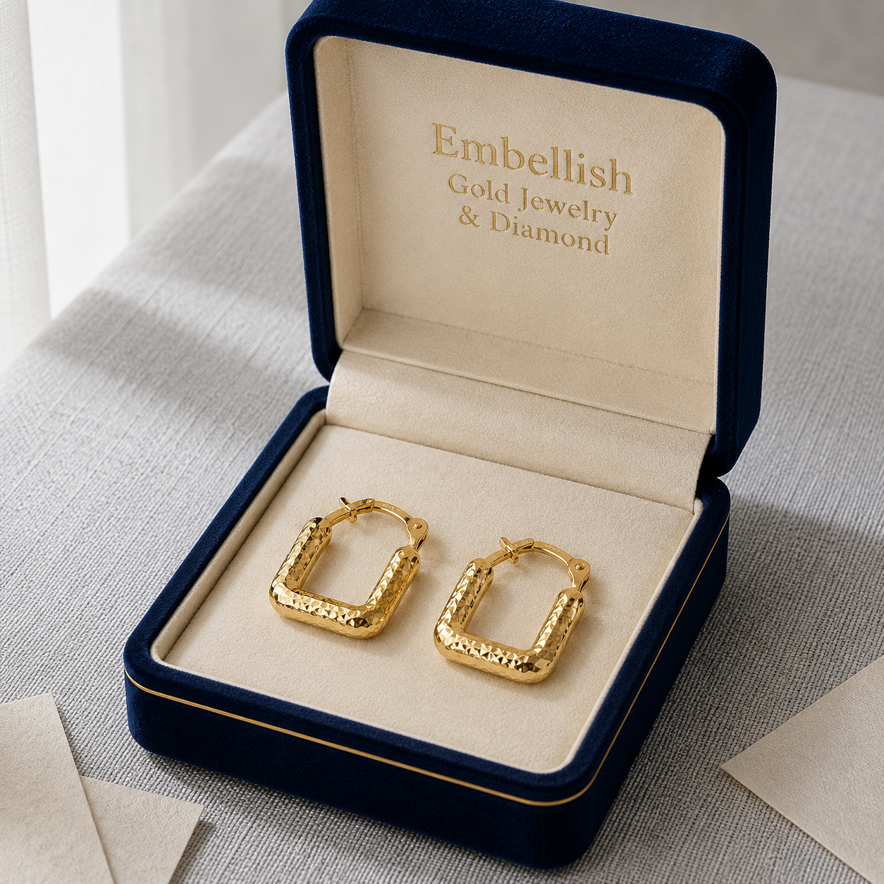 18k Gold Cube Snake Skin Loop Earrings - 18k Gold Earrings - Embellish Gold Jewelry & Diamond