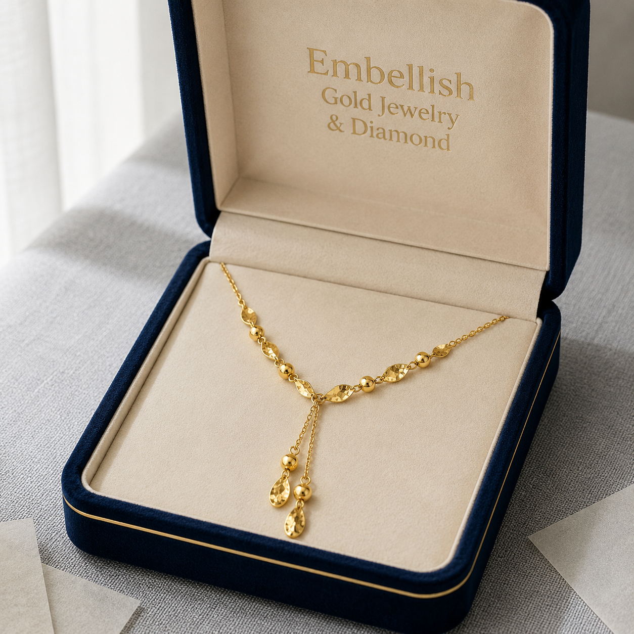 Gold necklace in a 'Embellish Gold Jewelry & Diamond' box on a textured surface