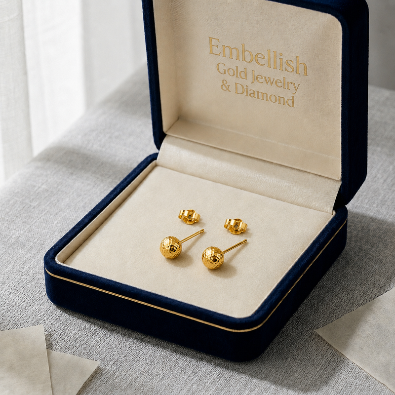 18k Gold Dia Cut Ball Stud Earrings - Earrings - Embellish Gold Jewelry & Diamond