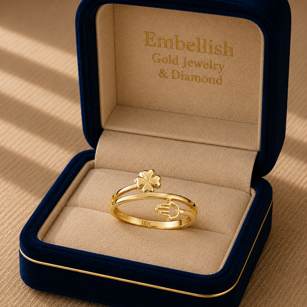 18k Gold Clover Hamsa Ring - ad collection - Embellish Gold Jewelry & Diamond