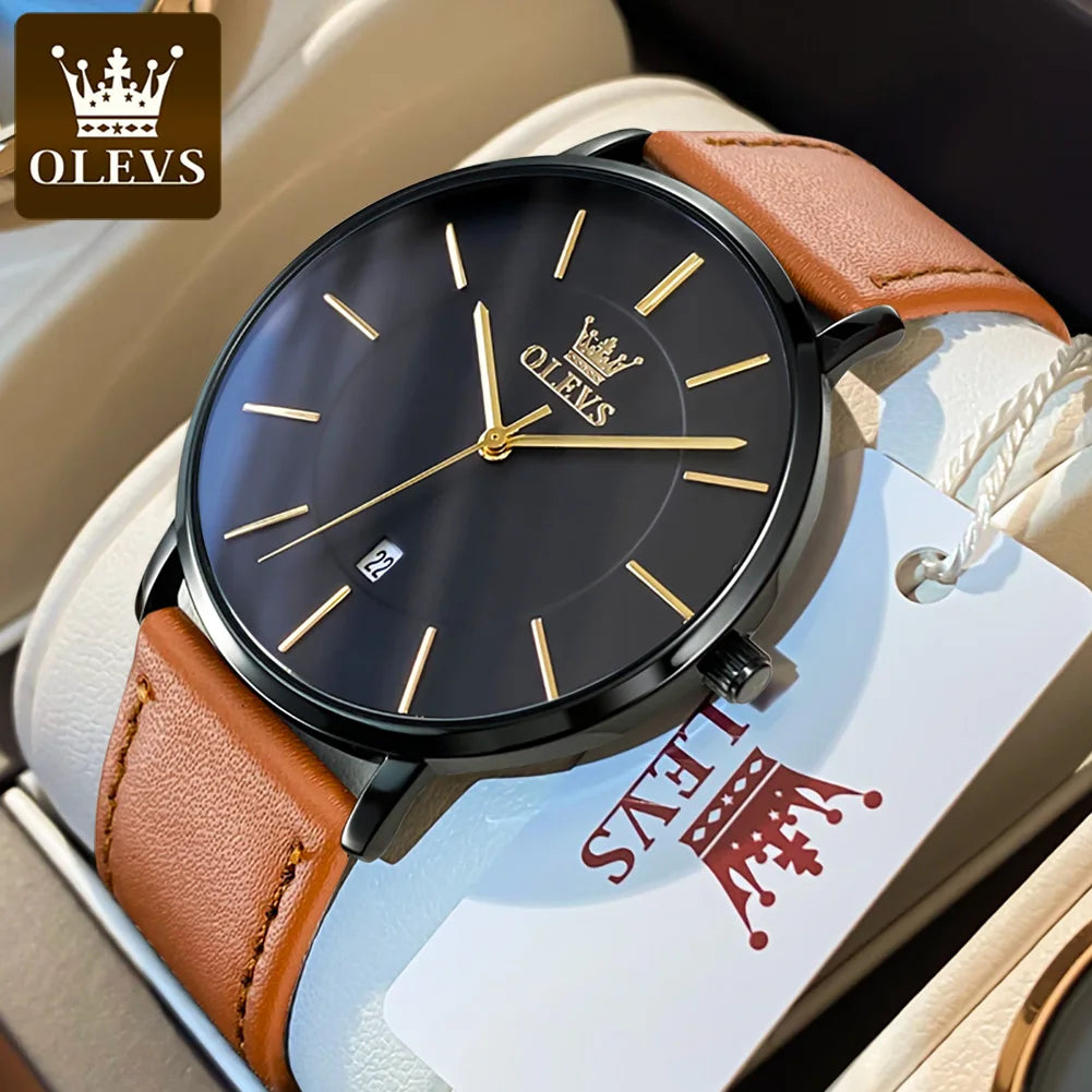 OLEVS 5869 Fashion Genuine Leather Men's Watch - Olevs - Embellish Gold Jewelry & Diamond