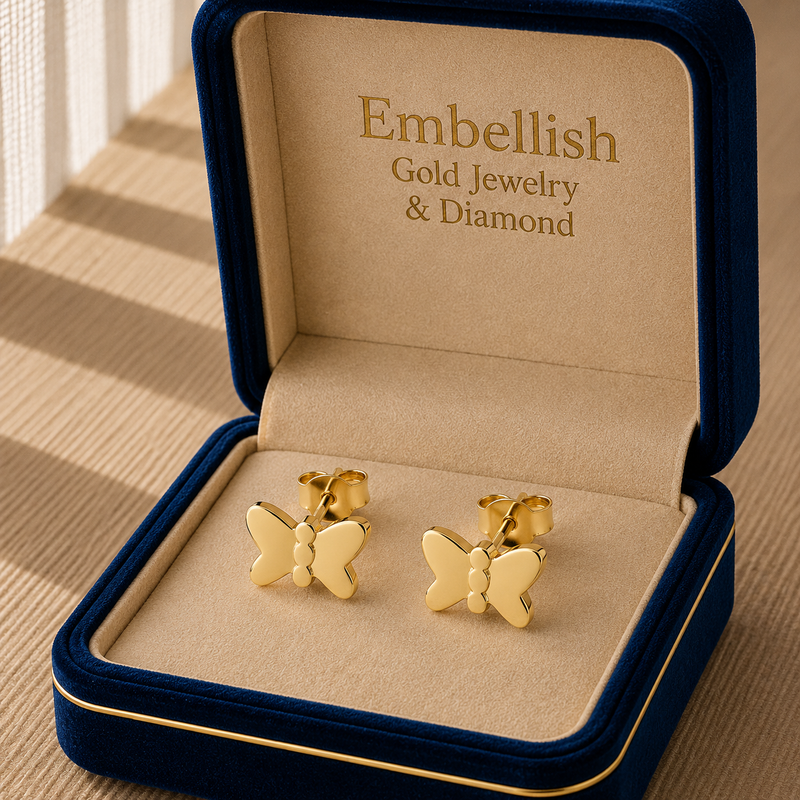 18k Gold Solid Butterfly Stud Earrings - 18k Gold Earrings - Embellish Gold Jewelry & Diamond