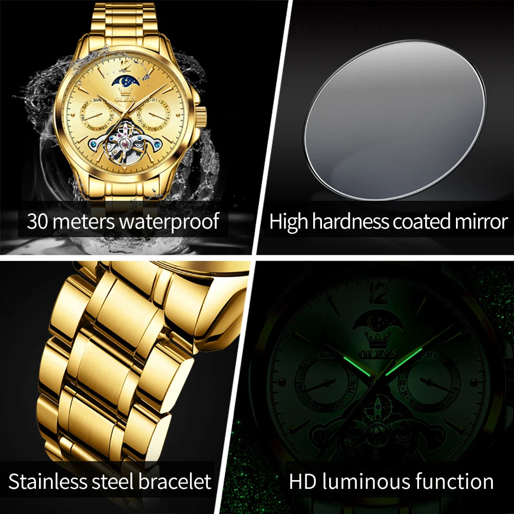 OLEVS 6663 Men Flywheel Fully Automatic Mechanical Watch - Festive Collection - Embellish Gold Jewelry & Diamond