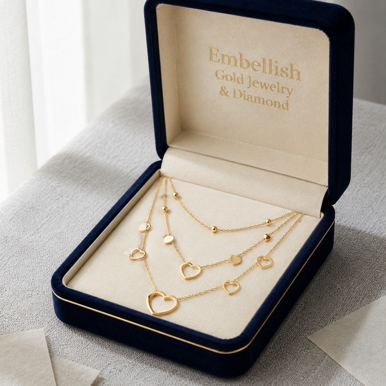 18k Gold 3 Layer Heart Ball Necklace