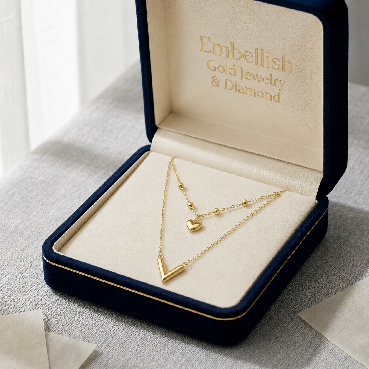 18k Gold V with Heart Necklace - 18k Gold Necklace - Embellish Gold Jewelry & Diamond