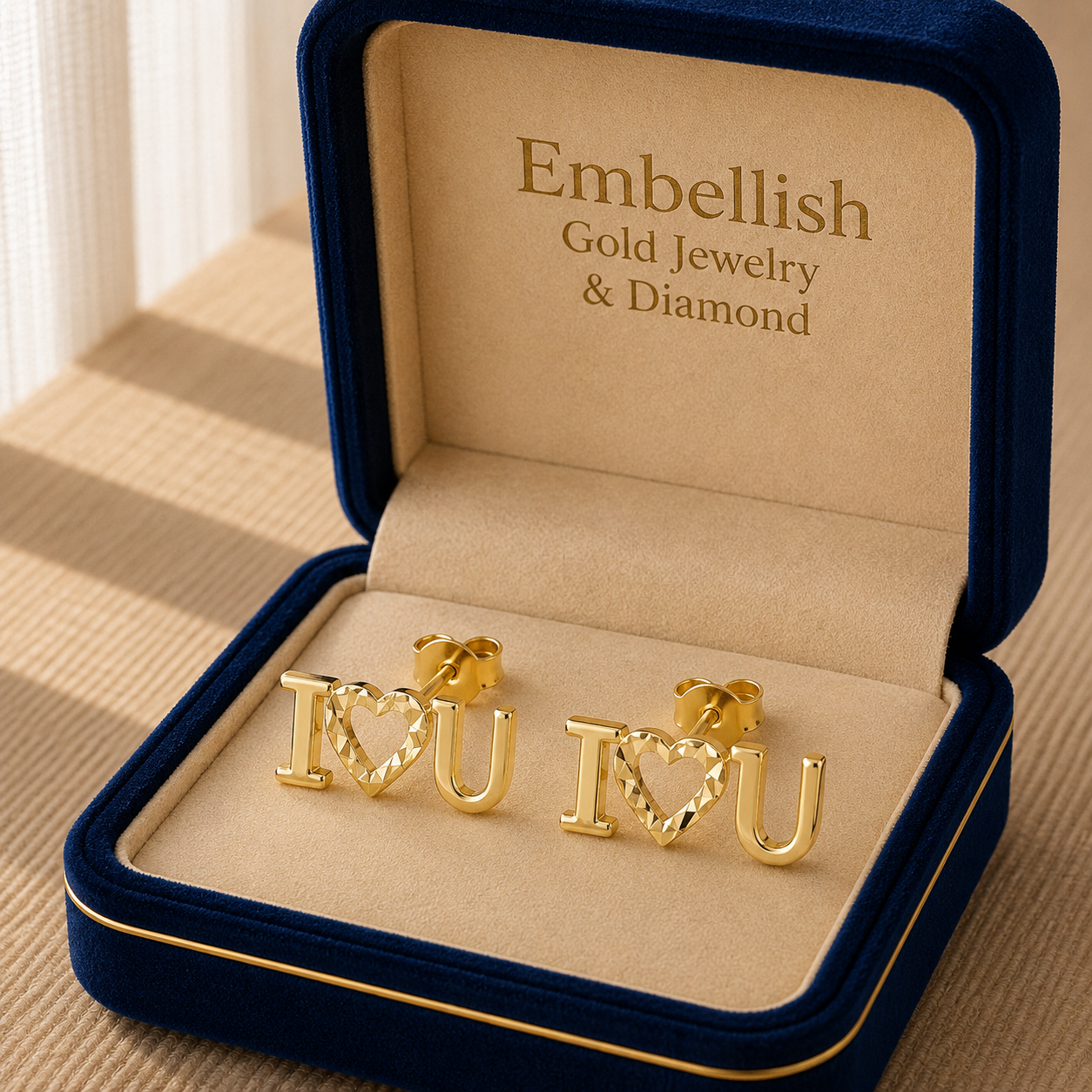18k Gold I Heart U Stud Earrings - 18k Gold Earrings - Embellish Gold Jewelry & Diamond