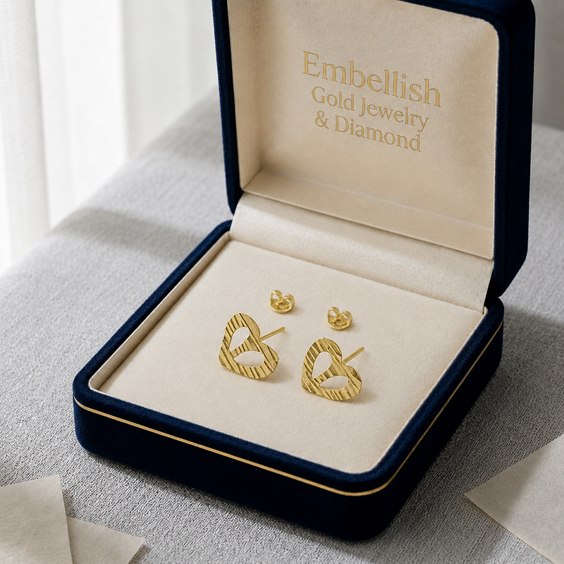 18K Real Gold Heart with Holes Earrings - 18k Gold Earrings - Embellish Gold