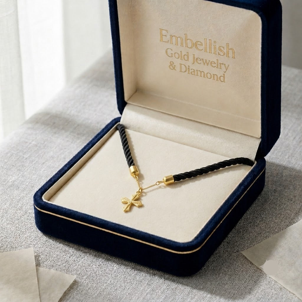 18K Gold Cross Pendant With Black Thread Adjustable Necklace - Necklaces - Embellish Gold