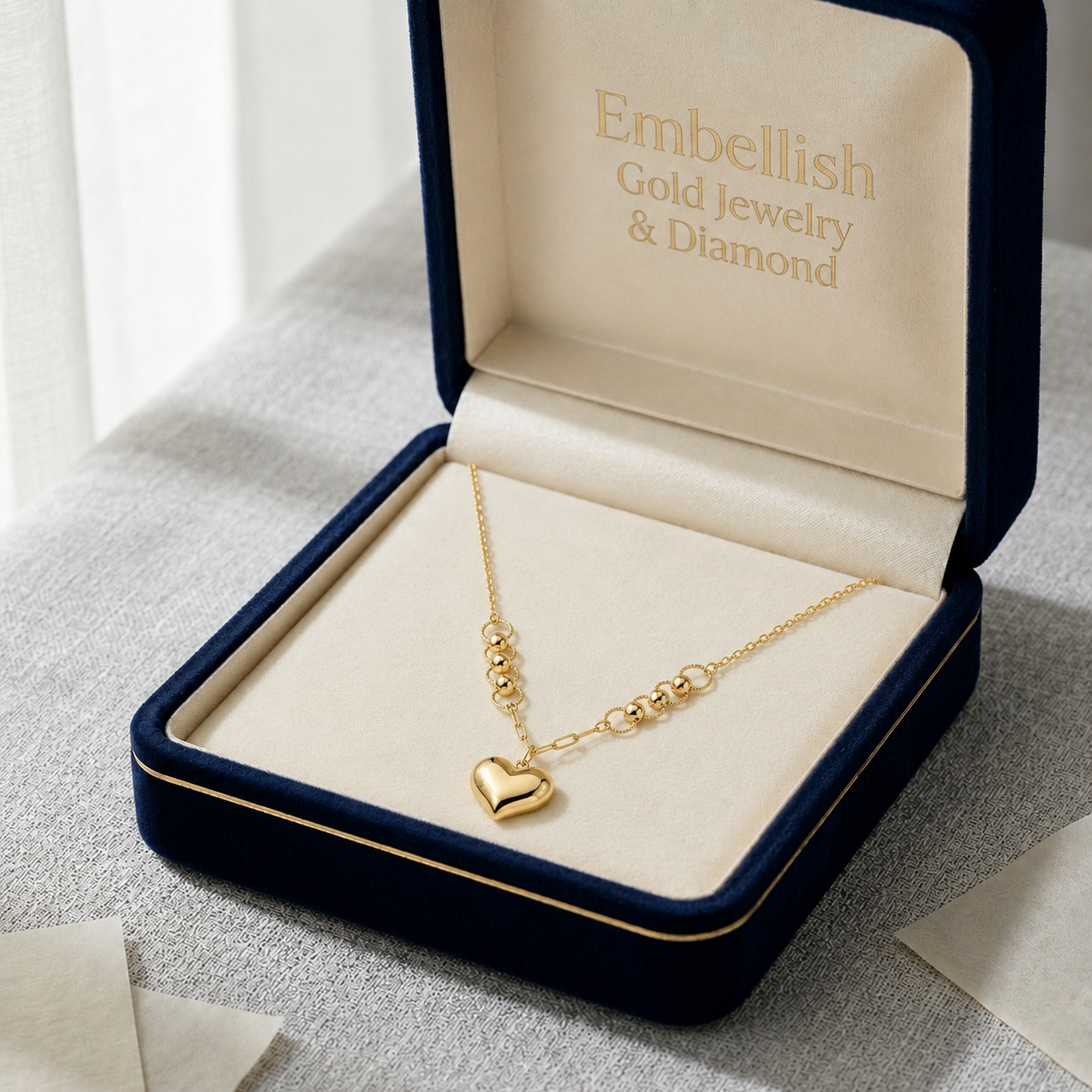 18k Gold Bubble Heart with Circleball Necklace - 18k Gold Necklace - Embellish Gold Jewelry & Diamond