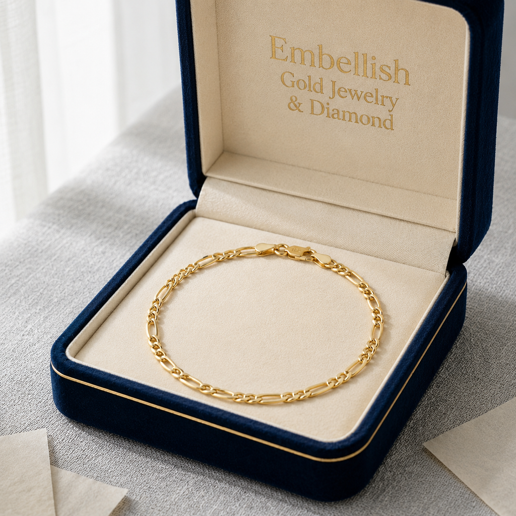 Gold bracelet in an open jewelry box with 'Embellish Gold Jewelry & Diamond' branding.