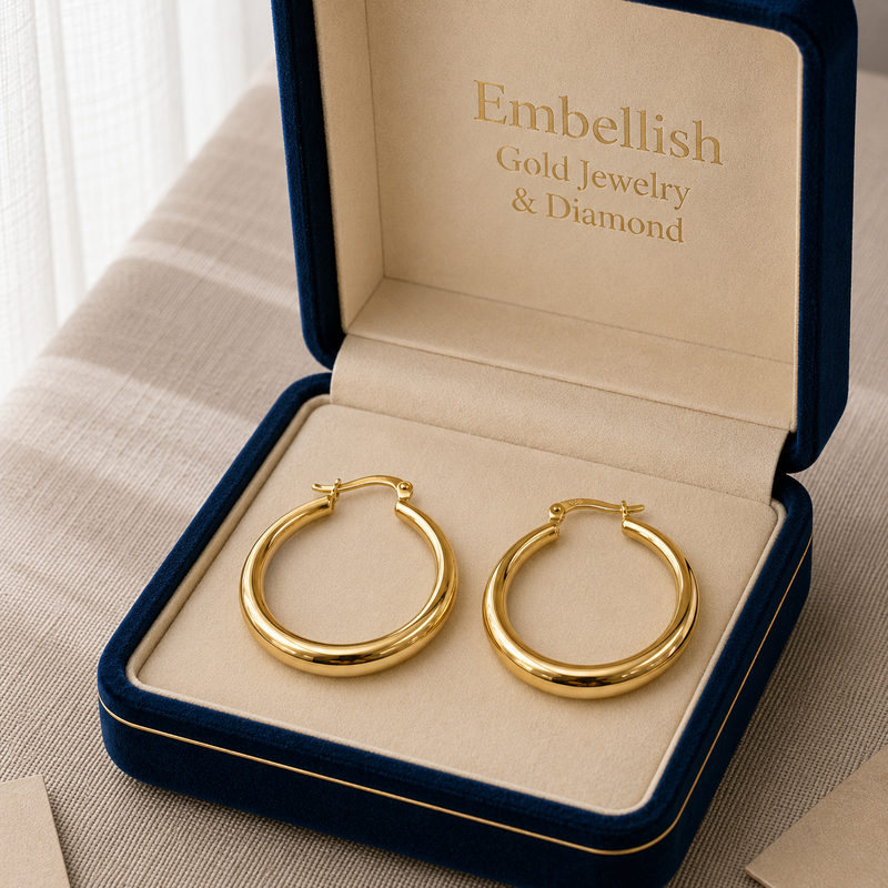 18k Gold Shiny Solid Loop Earrings - مجموعة متميزة - Embellish Gold Jewelry & Diamond
