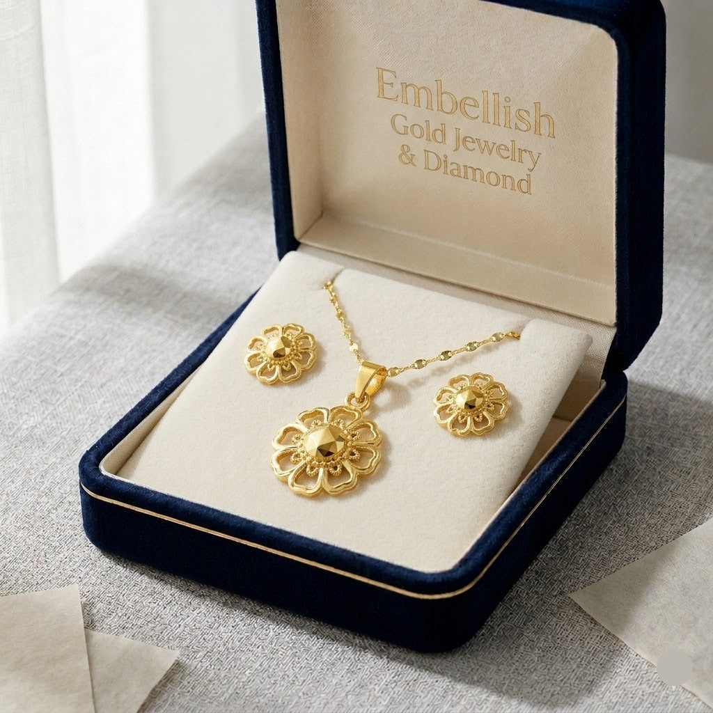 18K Real Gold Spot Flower Necklace And Earring Set