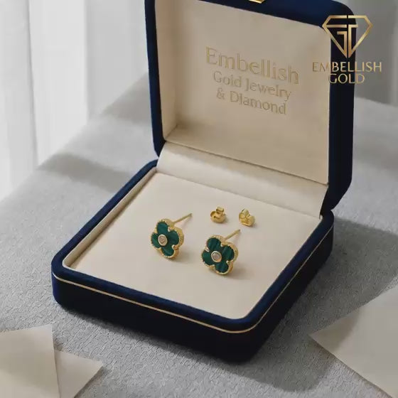18K Real Gold VCA Green Stone Earrings - 18k Gold Earrings - Embellish Gold