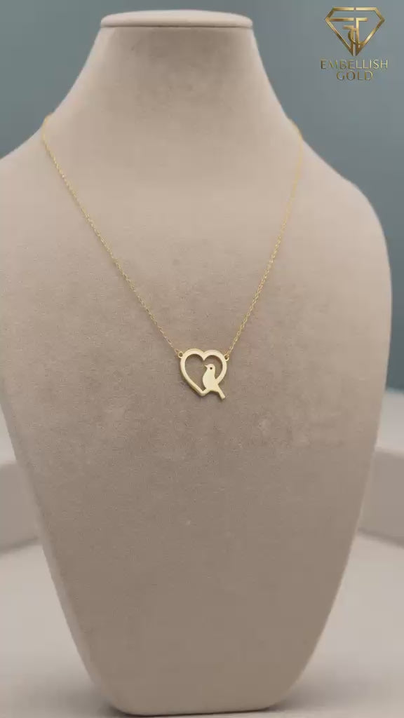18k Gold Heart with Bird Necklace - 18k Gold Necklace - Embellish Gold Jewelry & Diamond