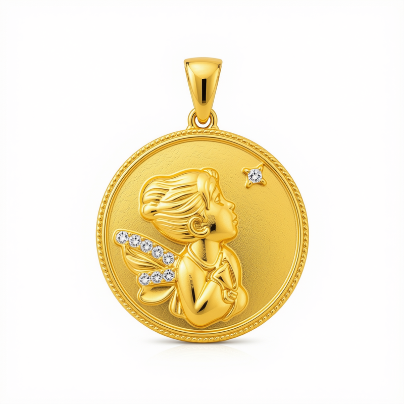 18k Gold Round Fairy Pendant - 18k Gold Pendant - Embellish Gold Jewelry & Diamond