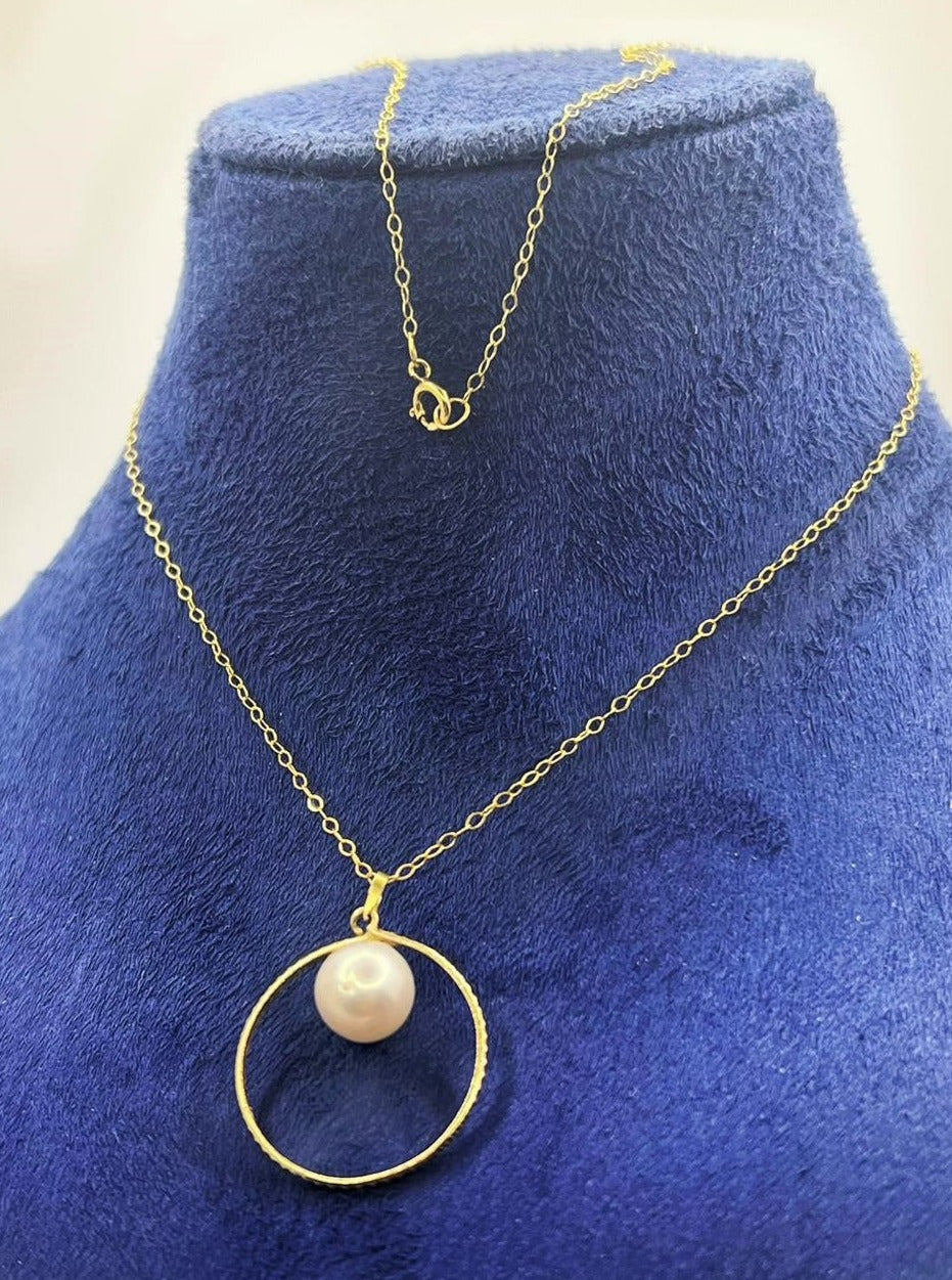 18k Real Saudi Gold Pearl Inside Ring Necklace 136