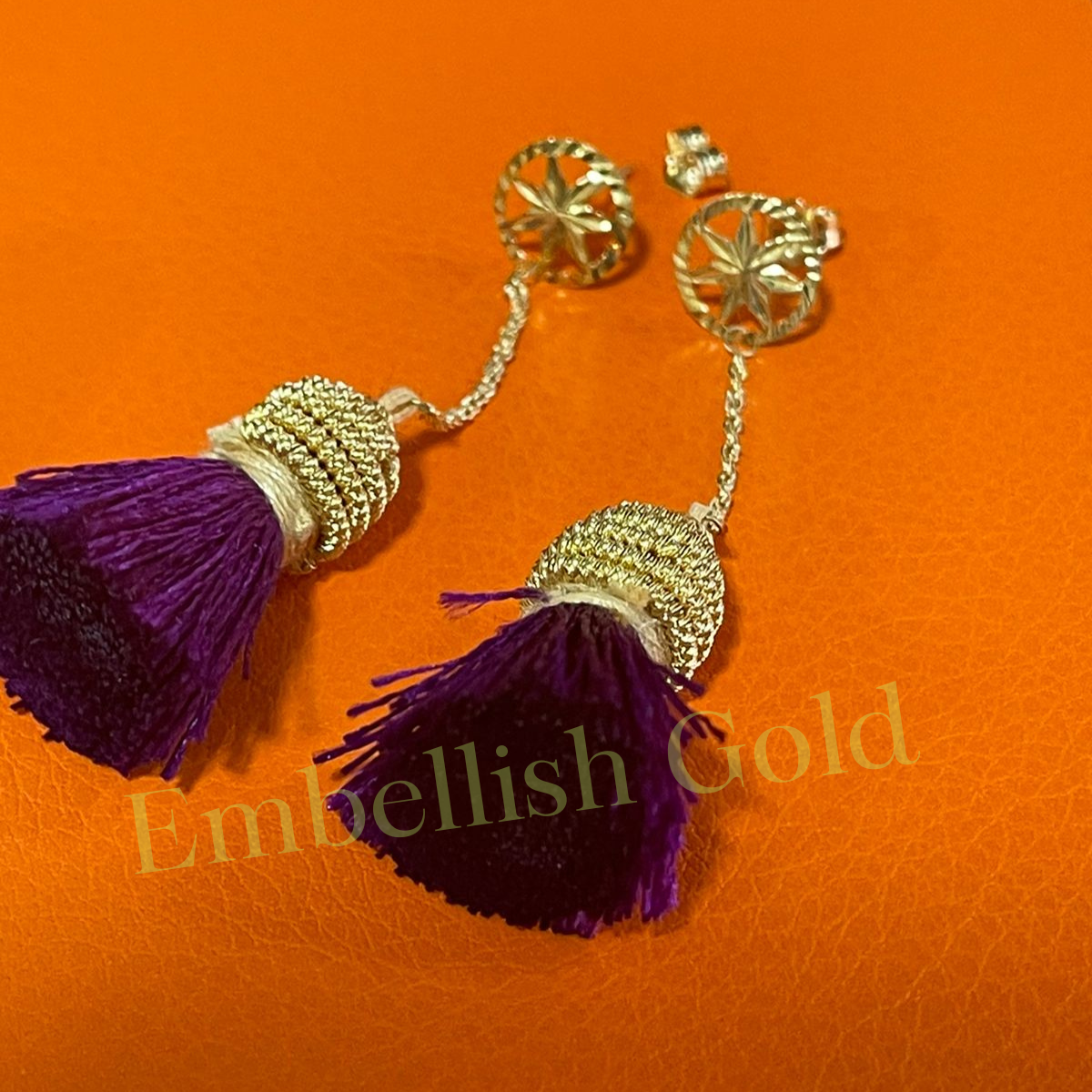 18K Real Saudi Gold Star Tassel Earring 084