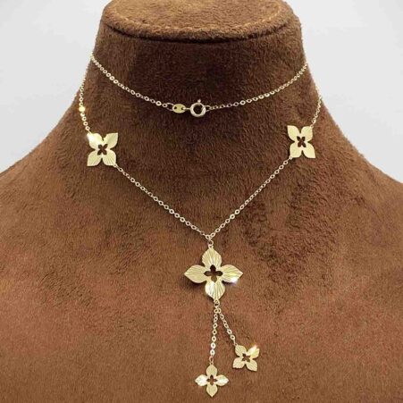 18K Real Saudi Gold 5 Pendant Flower Necklace 016