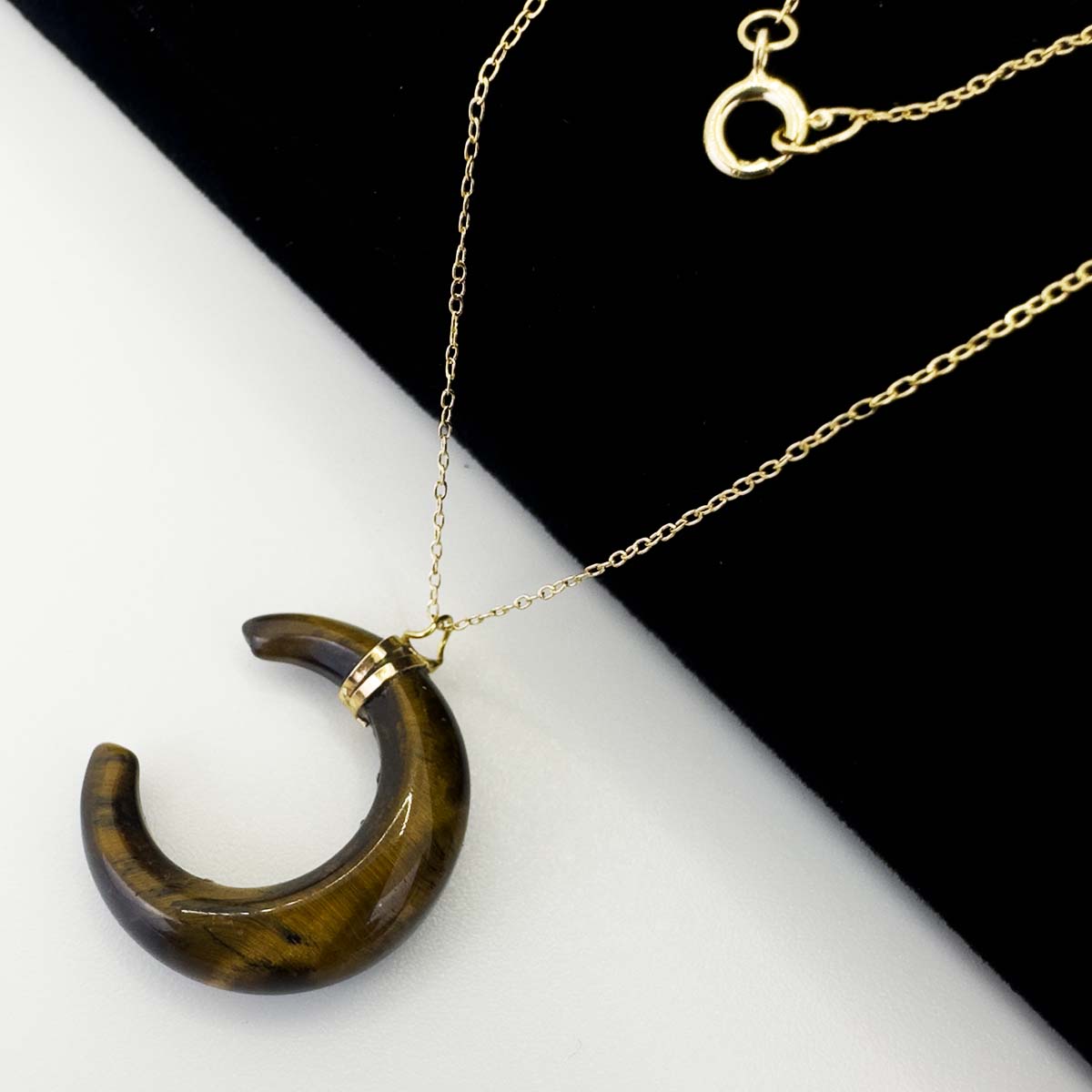 18K Real Saudi Gold Crescent Tiger Stone Necklace 027