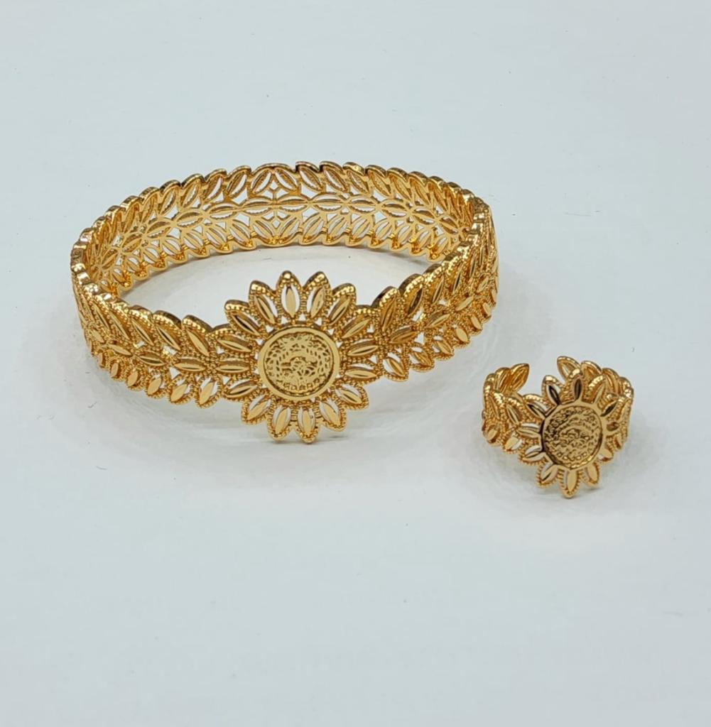 18K Real Saudi Gold Sun Flower Bangle And Ring 162 – A Floral Delight in Gold Bangles for Women - Embellish Gold