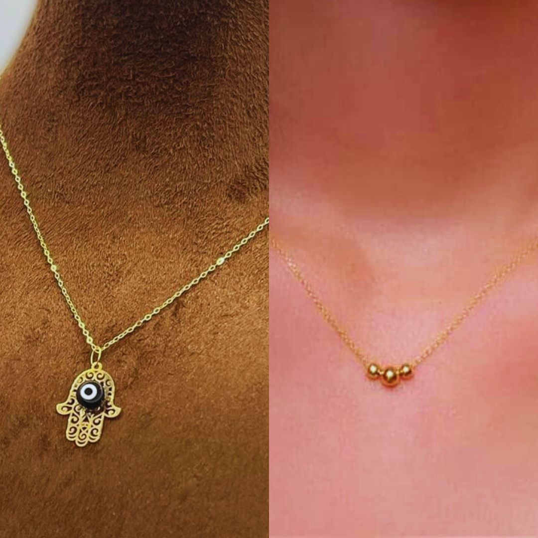 18k Gold Ball Necklace and Hamsa Hand Necklace
